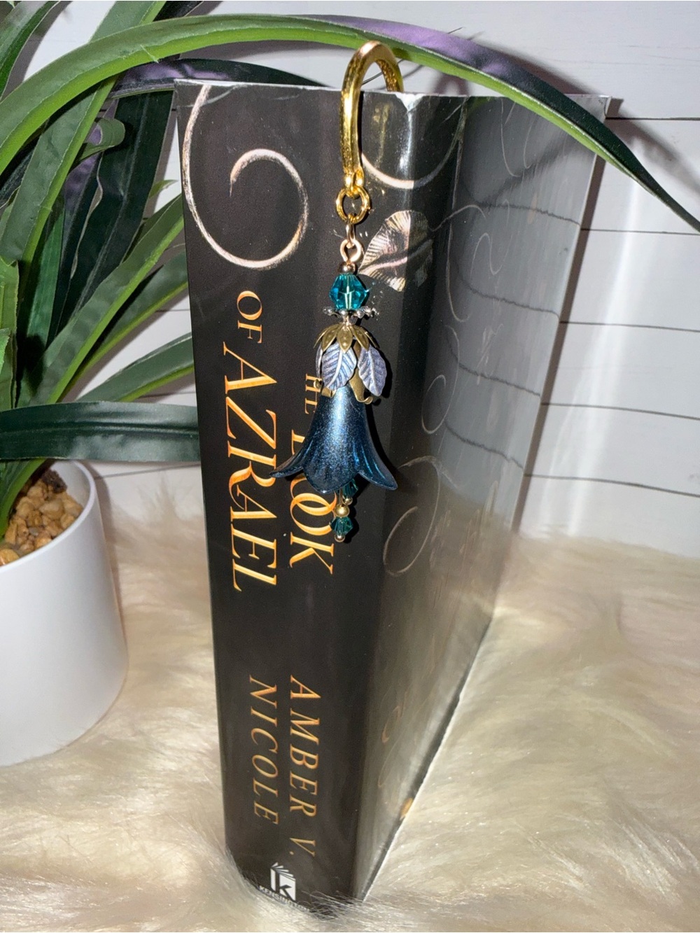 Teal Floral Drop Bookmark Charm with Gold Accents